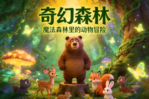 动画电影《奇幻森林》海报 - 卡通动物在魔法森林中
